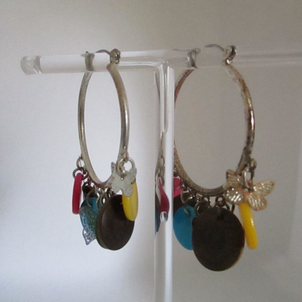Colorful Boho Hoop Earrings with Butterfly Charms Mixed Disc Dangles 2in - Picture 4 of 17
